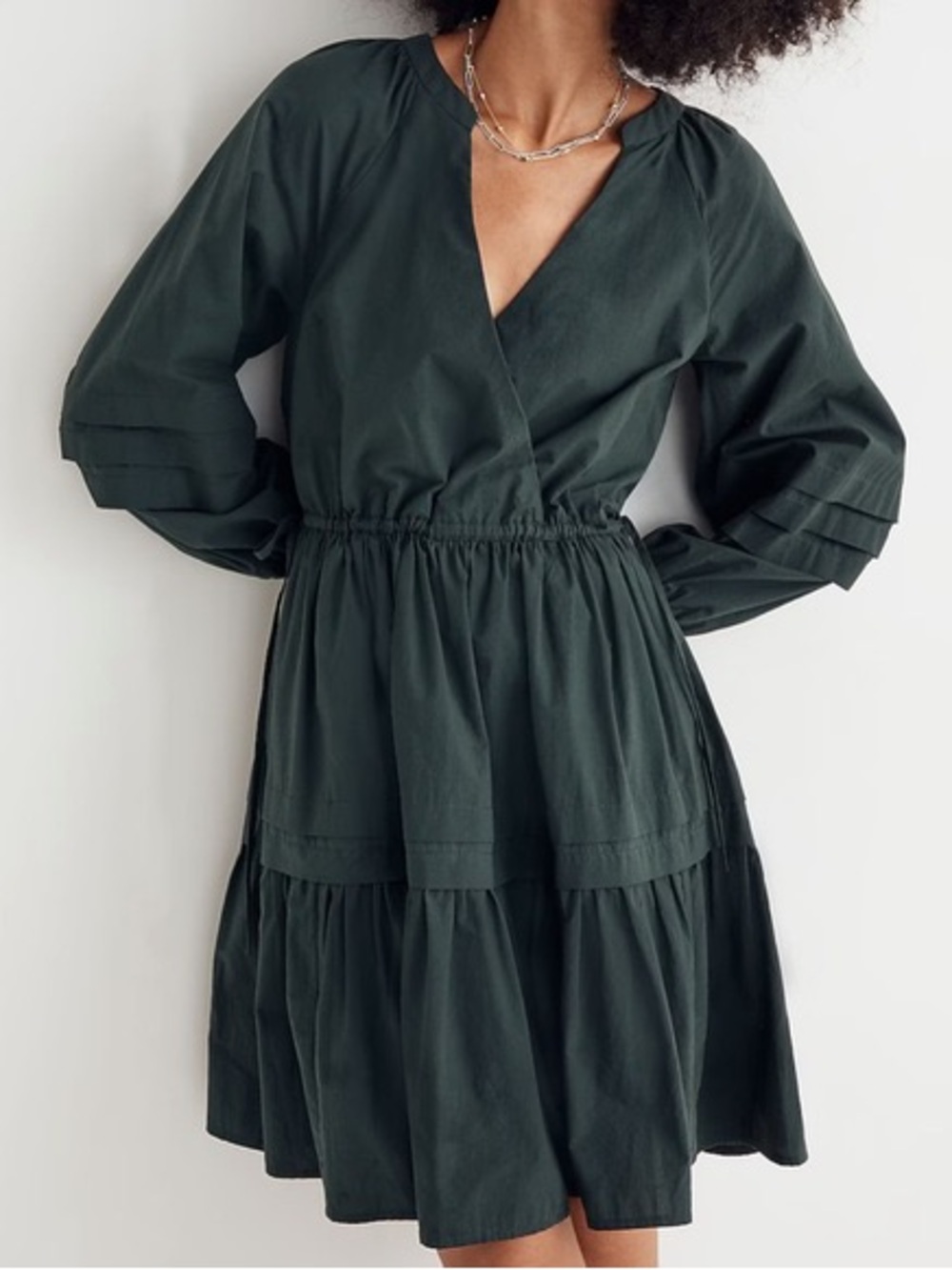Madewell Dark Green Tiered V-Neck Long Sleeve Dress